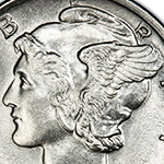 close up of cap with wings on mercury dime obverse