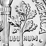 close up of oak branch on roosevelt dime reverse