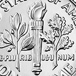 close up of the torch on the roosevelt dime reverse