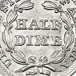 close up view of a wreath on the seated liberty half dime reverse
