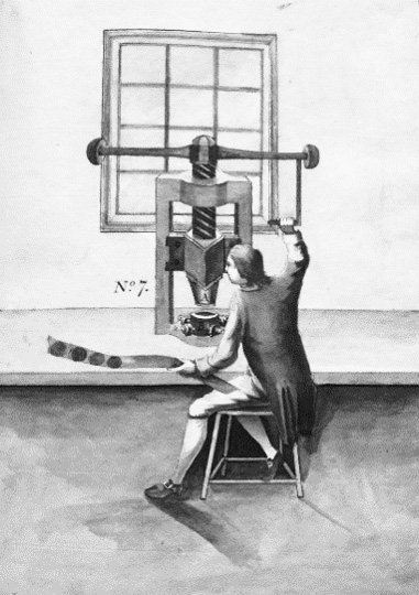 Drawing of a man cutting out coins with a screw press