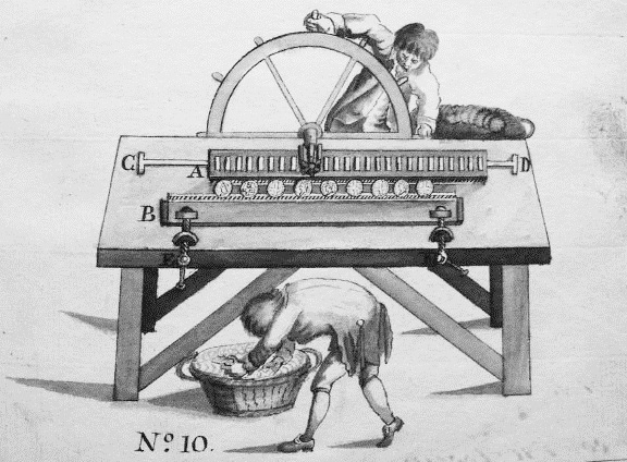 Drawing of coins passed between parallel boards and a man turning a wheel