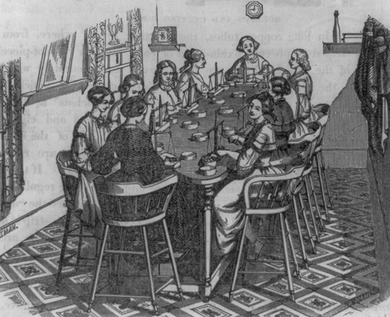 Drawing of women sitting around a table weighing coins on scales.