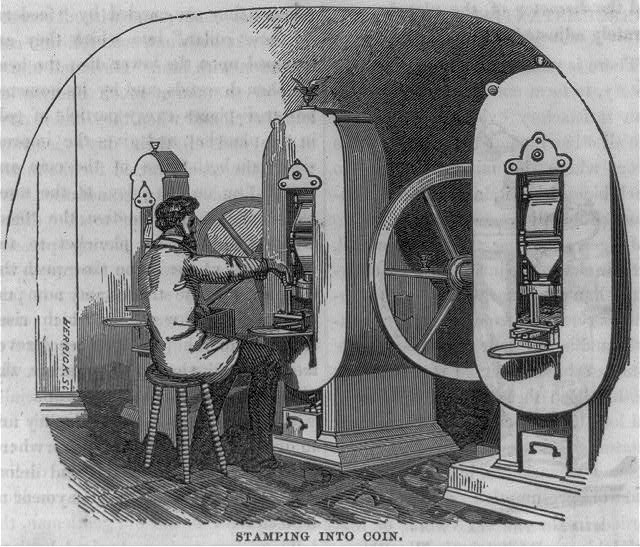 Drawing of a man sitting in front of a coin press