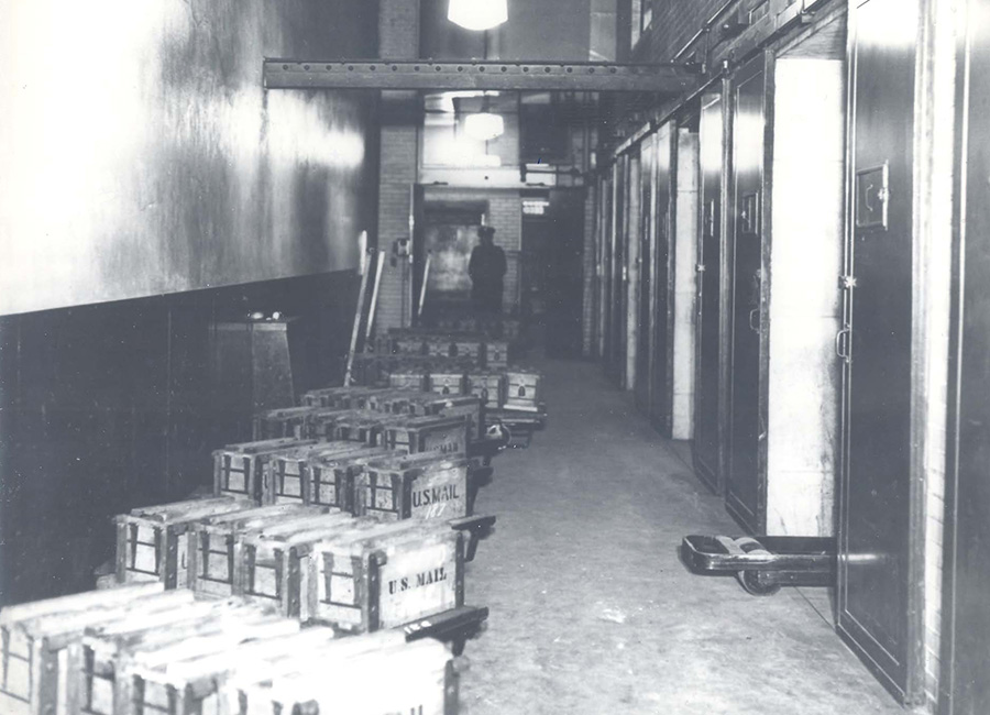 boxes on carts in a hallway