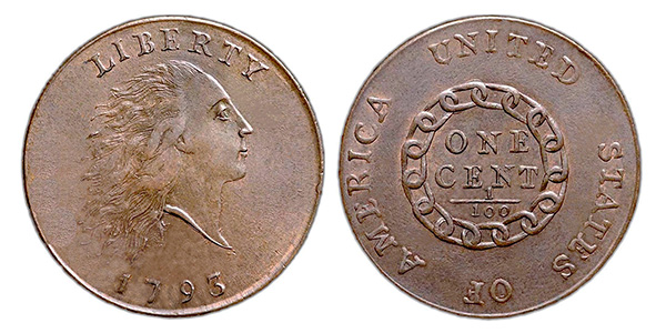 obverse and reverse of the 1793 flowing hair chain cent