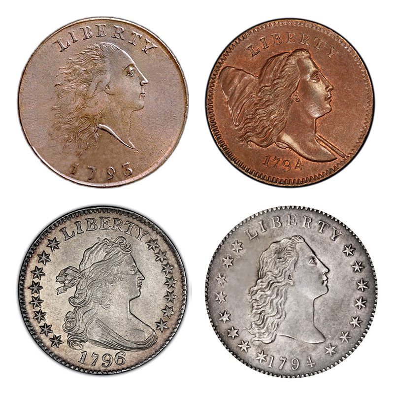 Obverse designs of the Flowing Hair cent, Liberty Cap half cent, Draped Bust dime, and Flowing Hair half dollar