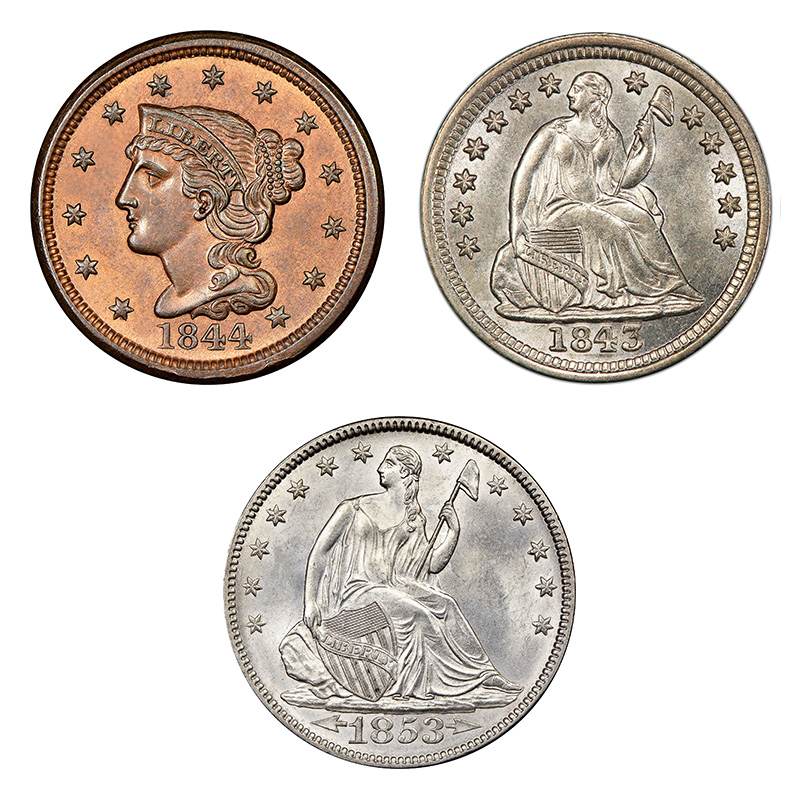 Obverse designs of the Braided Hair cent, Seated Liberty half dime, and Seated Liberty half dollar