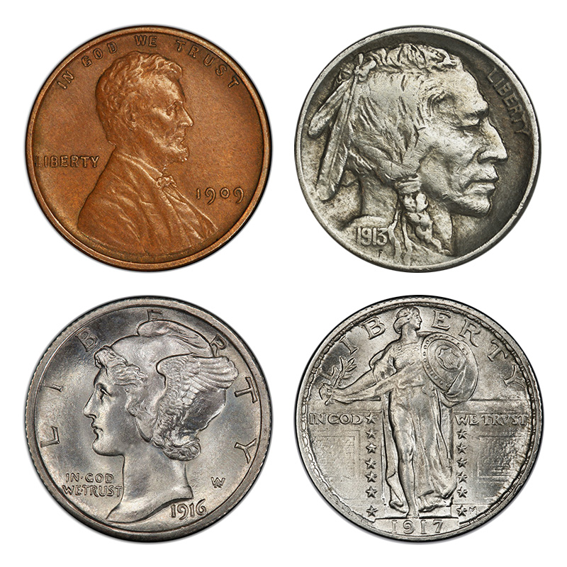 Obverse designs of the Wheat Ears cent, Buffalo nickel, Mercury dime, and Standing Liberty quarter