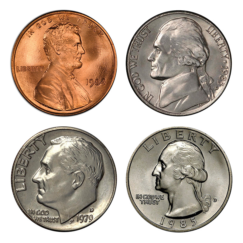 Obverse designs of the Lincoln penny, Jefferson nickel, Roosevelt dime, and Washington quarter