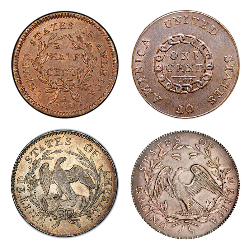 Reverse designs of the Liberty Cap half cent, Flowing Hair cent, Draped Bust dime, and Flowing Hair half dollar