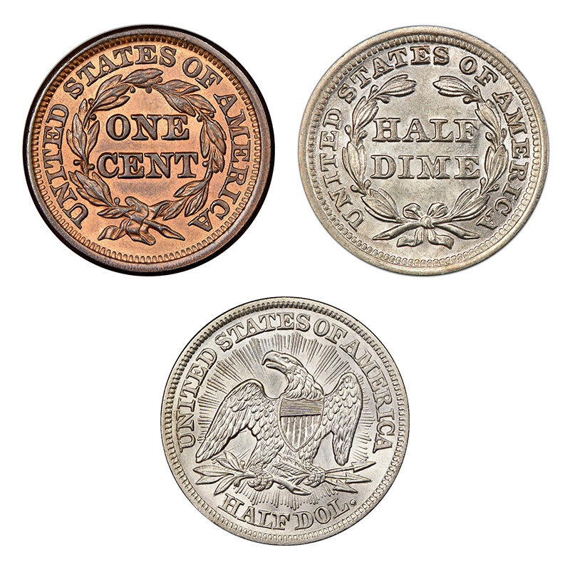 Reverse designs of the Braided Hair cent, Seated Liberty half dime, and Seated Liberty half dollar