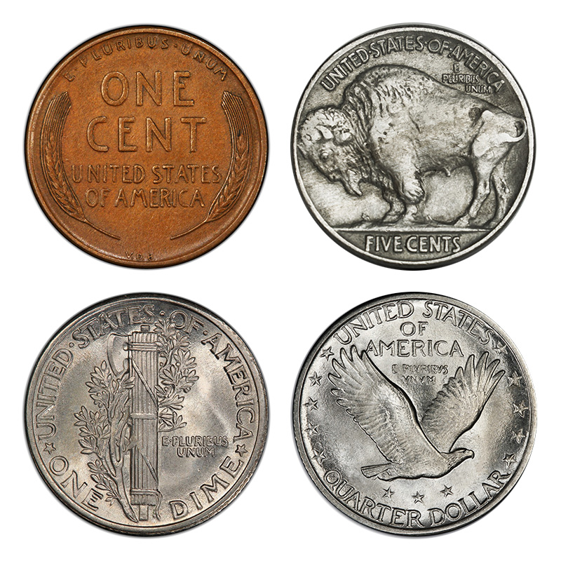 Reverse designs of the Wheat Ears penny, Buffalo nickel, Mercury dime, and Standing Liberty quarter