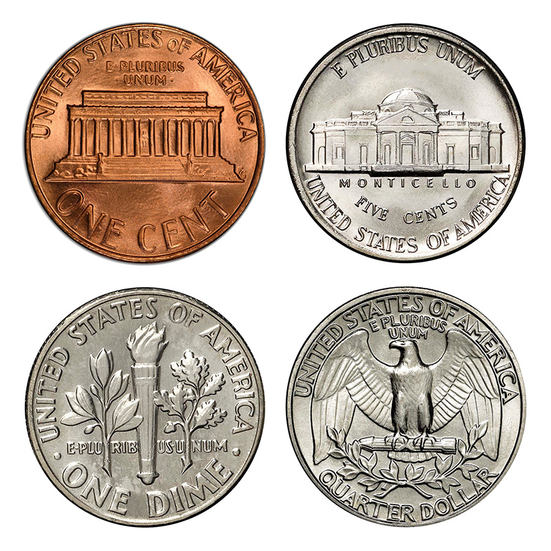 Reverse designs of the Lincoln penny, Jefferson nickel, Roosevelt dime, and Washington quarter