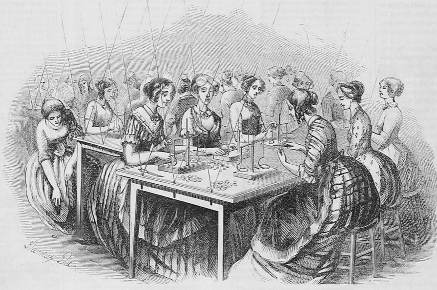 Drawing of women sitting around two tables weighing coins on scales.